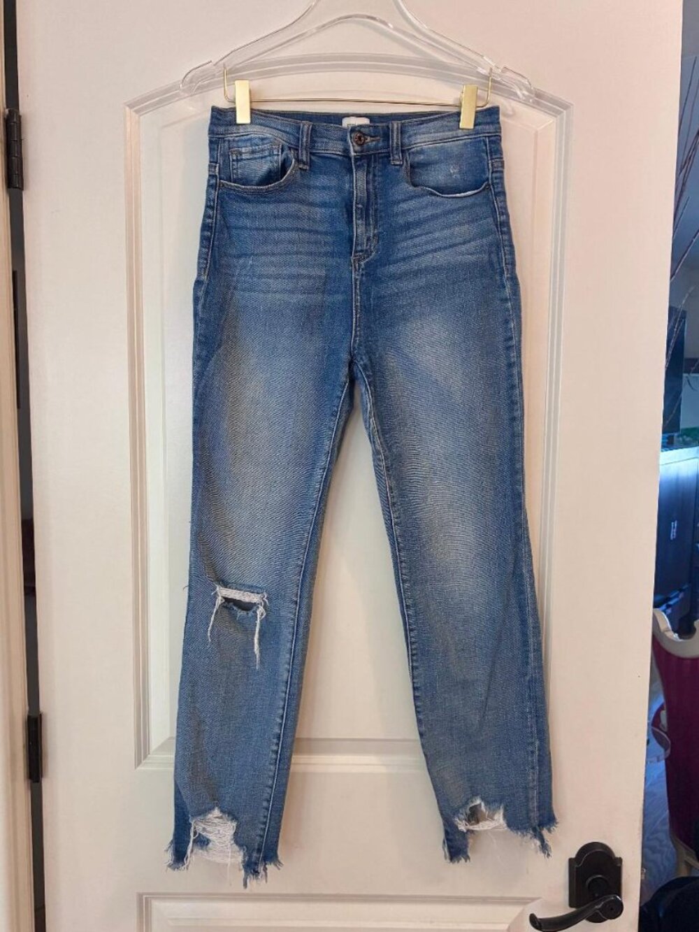 Sneak Peak High Rise Slim Leg Jeans, Distressed Hem, Ankle, Med Wash, Size 5